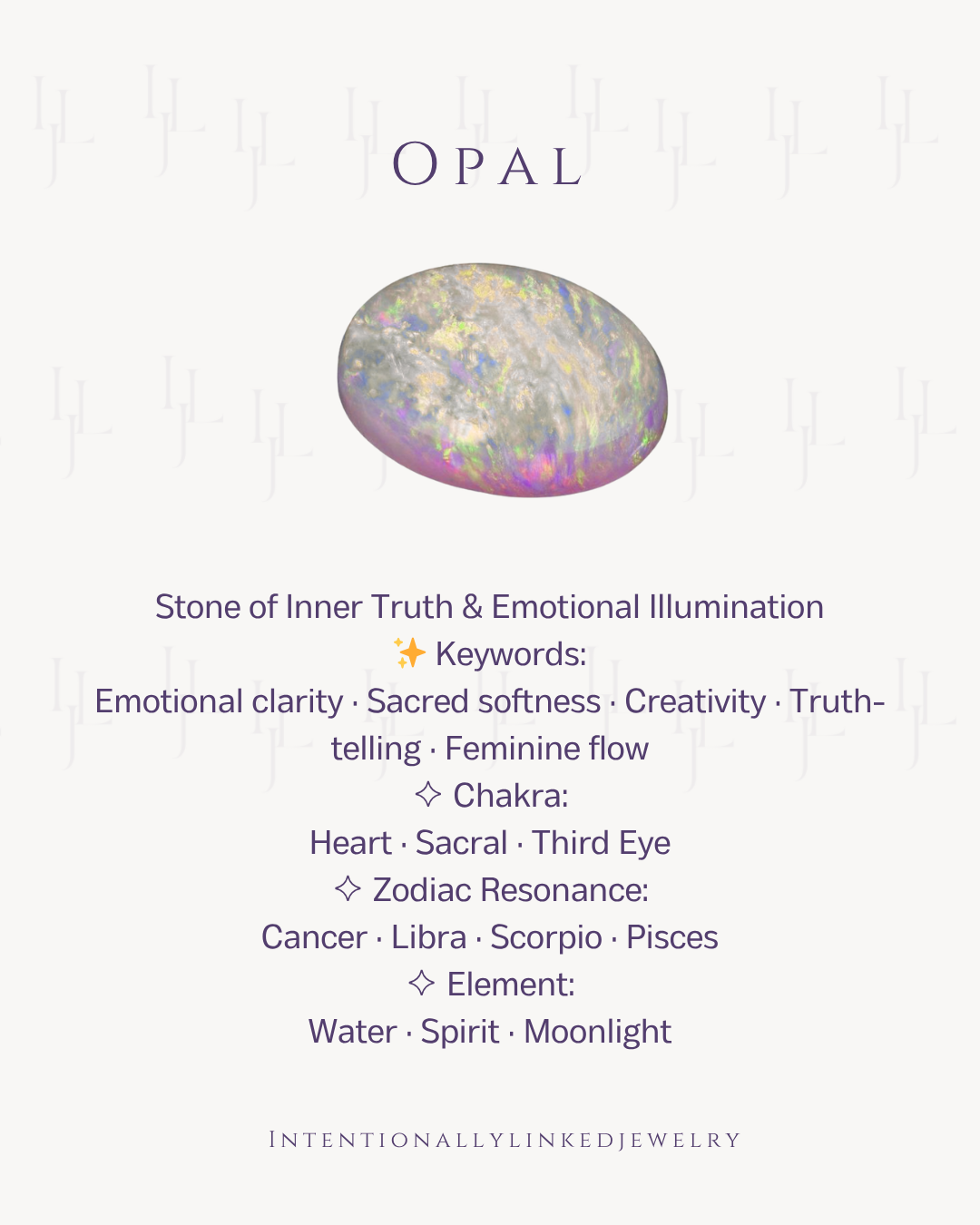 Opal Summary Card by intentionally linked jewelry in baltimore, MD Emotional clarity, Softness, Creativity, Truth, Feminine Flow