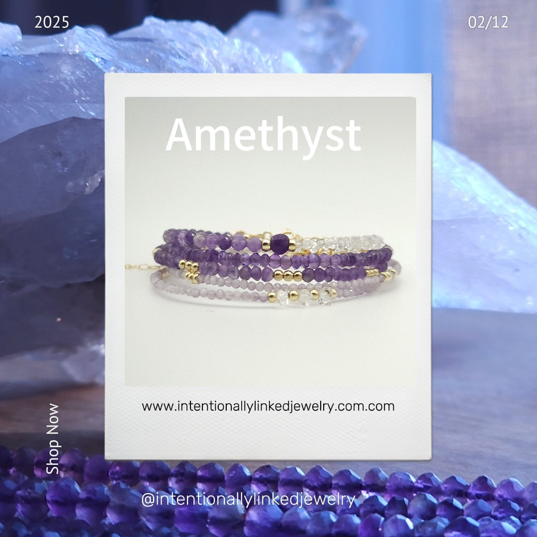 Pink Amethyst and single Herkimer Diamond gold bead adjustable bracelet