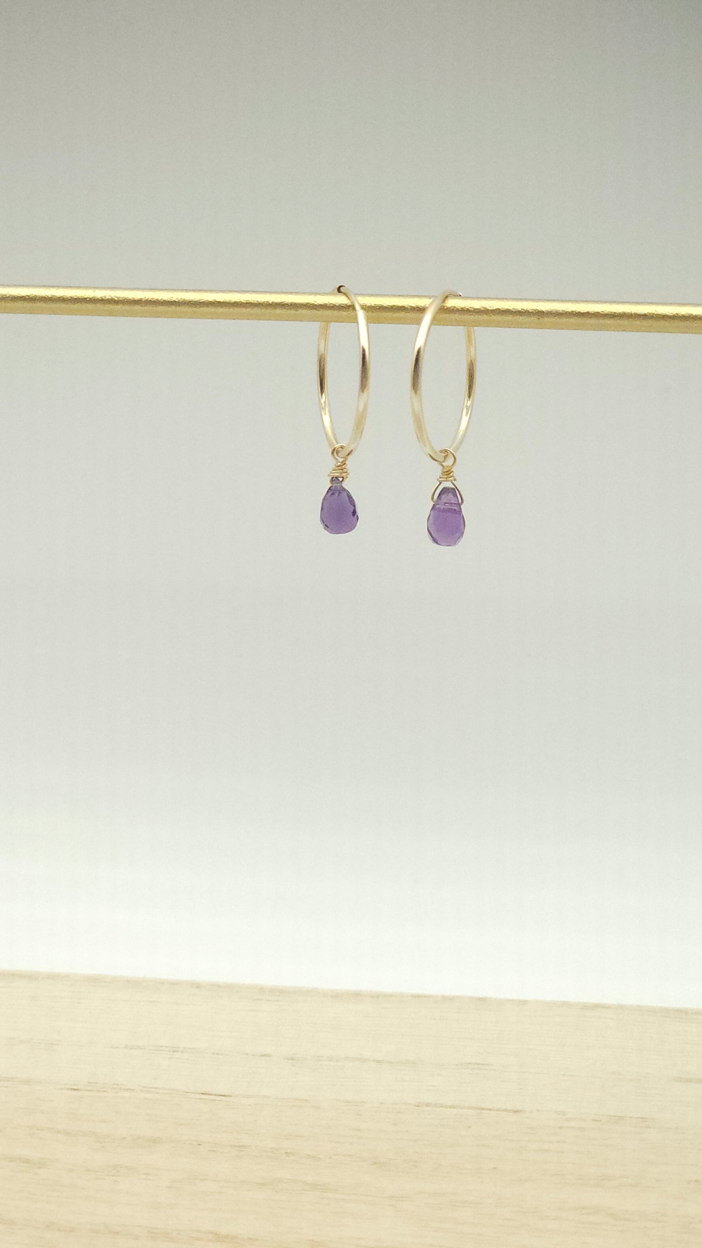 African Amethyst drop charm 14k Gold fill 25mm hoop