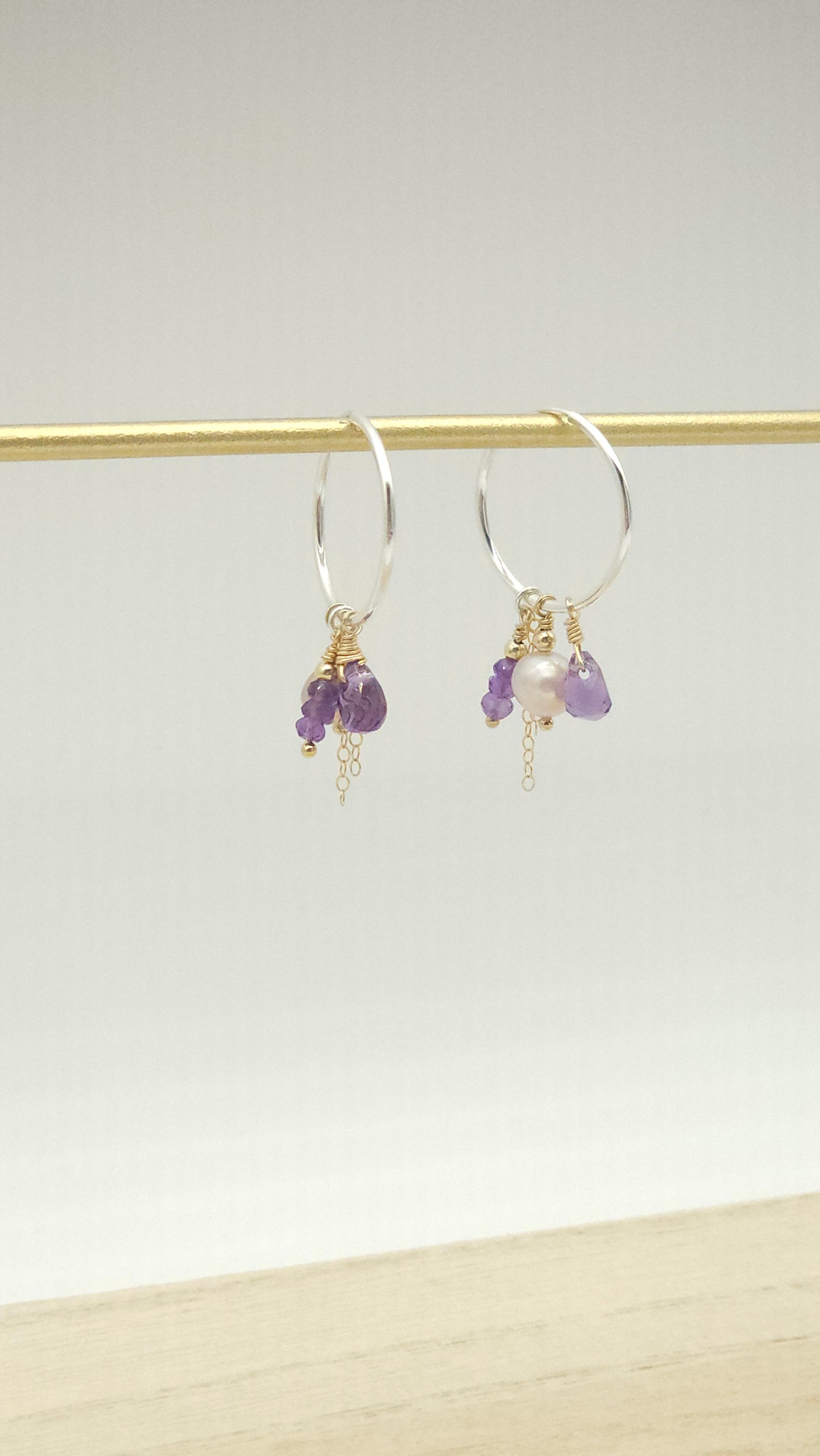 AAA African Amethyst| Lilac Pearl| 30 mm| Sterling Silver| Huggie Hoop| Mixed metals 14K Gold Filled & Sterling)