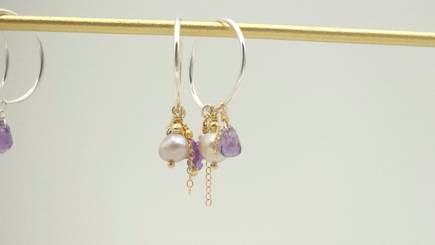 AAA African Amethyst| Lilac Pearl| 30 mm| Sterling Silver| Huggie Hoop| Mixed metals 14K Gold Filled & Sterling)