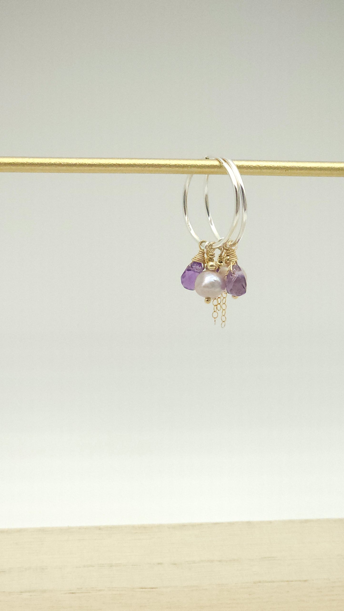 AAA African Amethyst| Lilac Pearl| 30 mm| Sterling Silver| Huggie Hoop| Mixed metals 14K Gold Filled & Sterling)