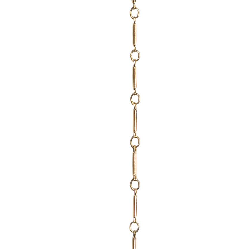Minimalist gold filled chain with tube-like bar segments joined by delicate round connectors, offering graceful movement for permanent jewelry.