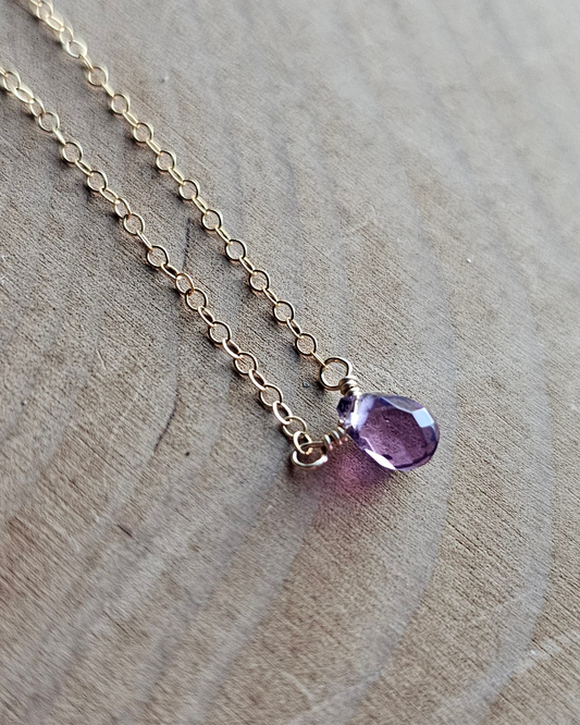 Amethyst Reverie Necklace-Authentic  African Amethyst Drop Gold Mini and meaningful necklace, fosters Spiritual awareness, Calm, Tranquility, artisan Intentionally linked Jewelry