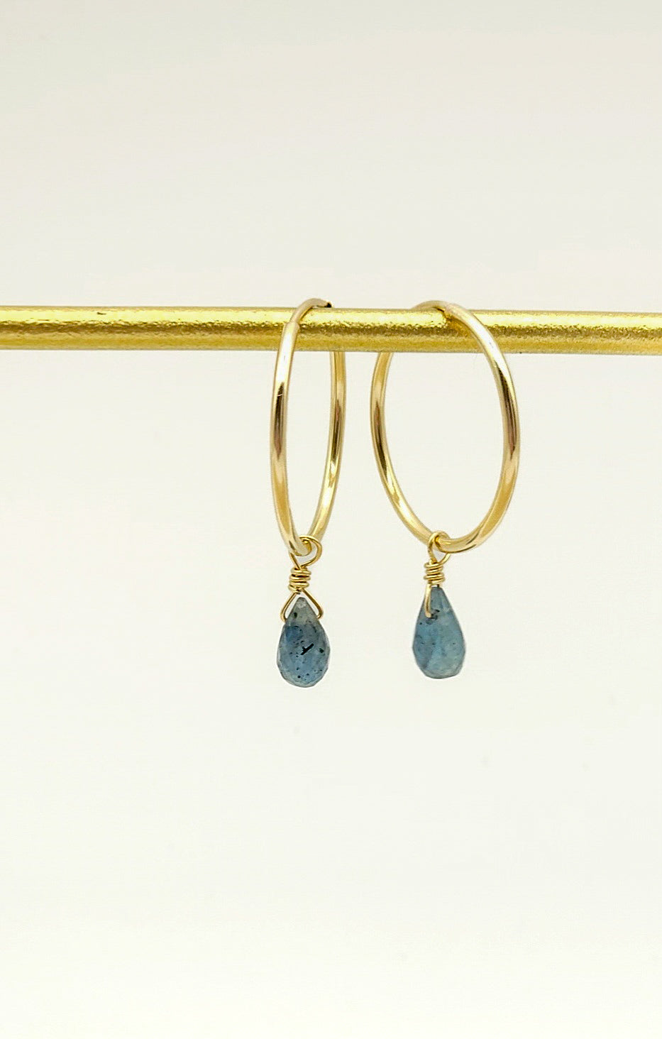 Moss Aquamarine| Gemstone briolette drop charm| 14K Gold Fill| Huggie Hoop|