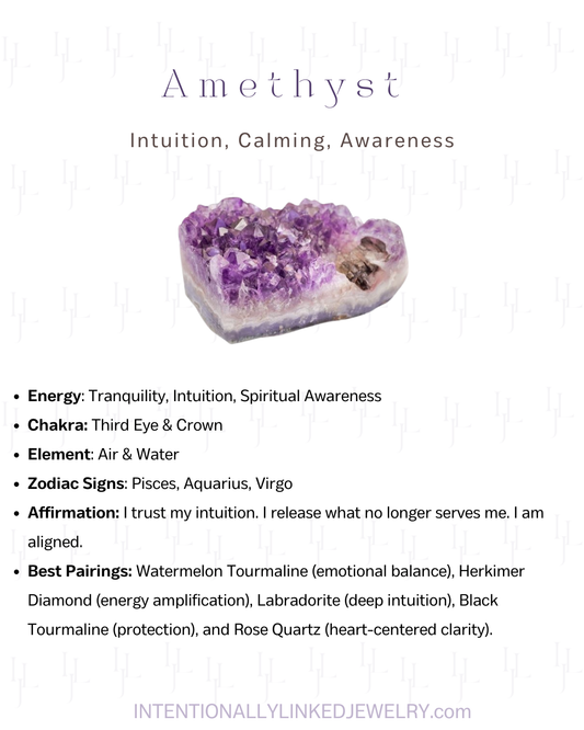 Amethyst Crystal card promotes Intuition, Clam, Awareness, energy healing, chakra, zodiac signs, affirmation- i trust my intuition, i release what no longer serves me, Intentionally linked jewelry 