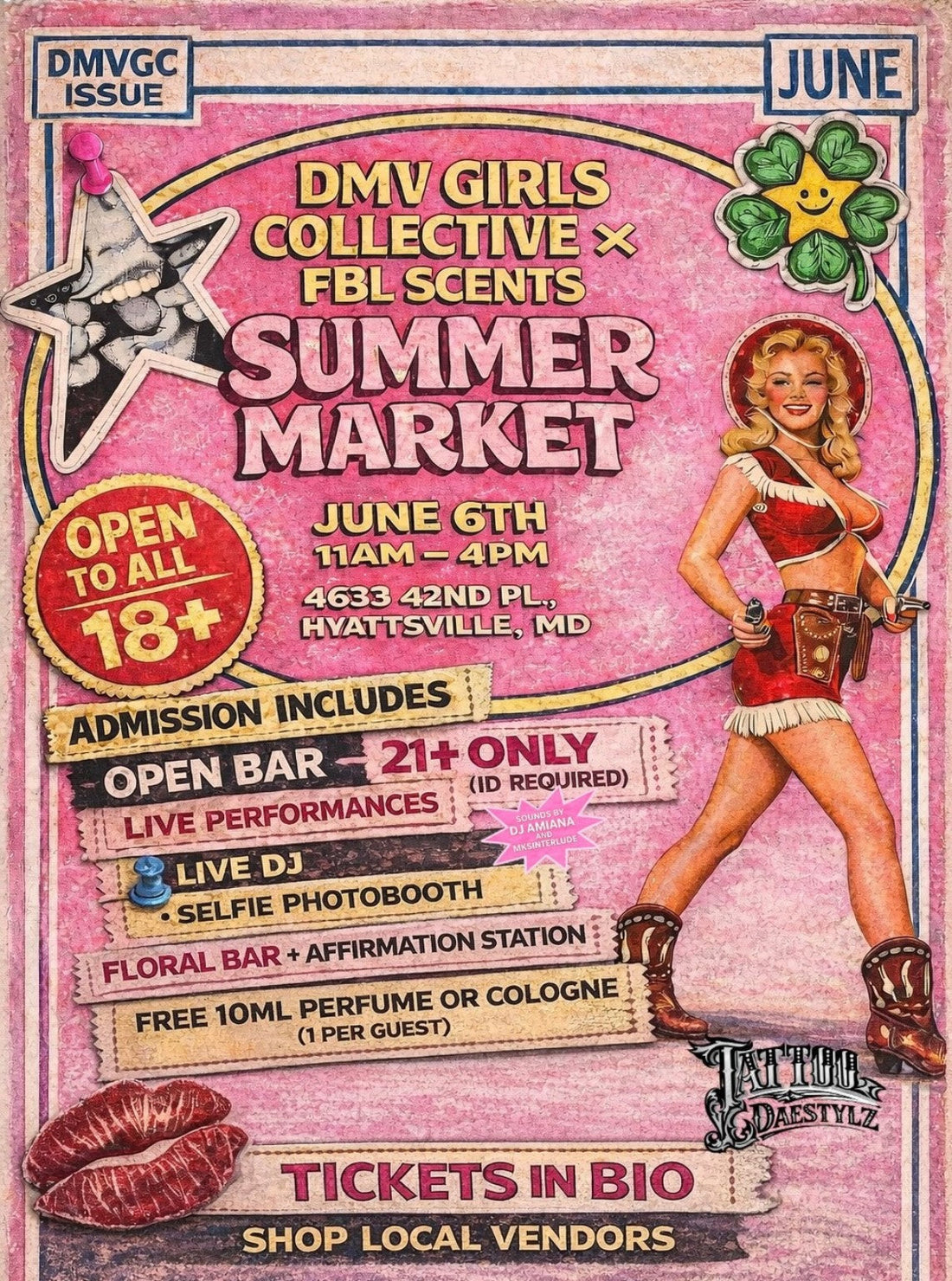 Colorful vintage-style flyer for DMV Girls Collective Summer Market in Hyattsville, Maryland on June 6th from 11am to 4pm. Event includes open bar for 21+, live DJ, performances, floral affirmation bar, photo booth, and local vendors.