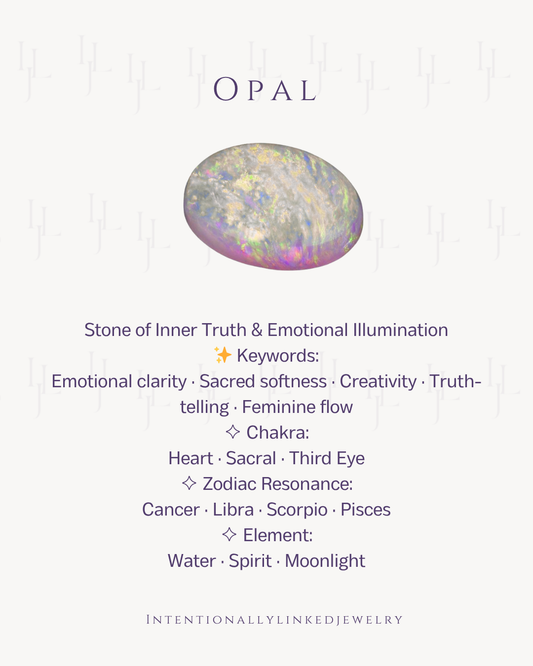 Opal Summary Card by intentionally linked jewelry in baltimore, MD Emotional clarity, Softness, Creativity, Truth, Feminine Flow
