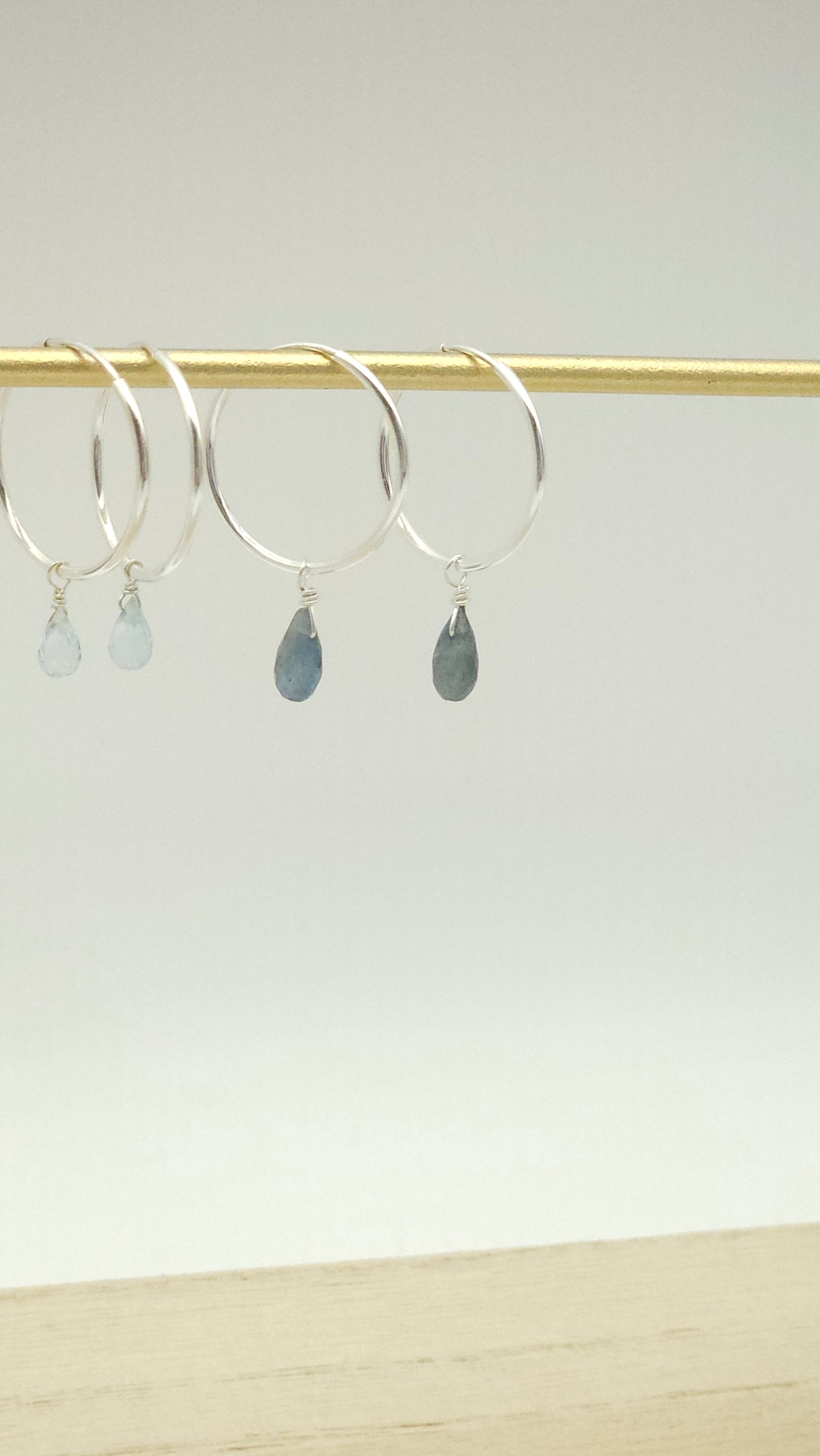Moss Aquamarine drop bead Sterling Silver huggie endless hoop