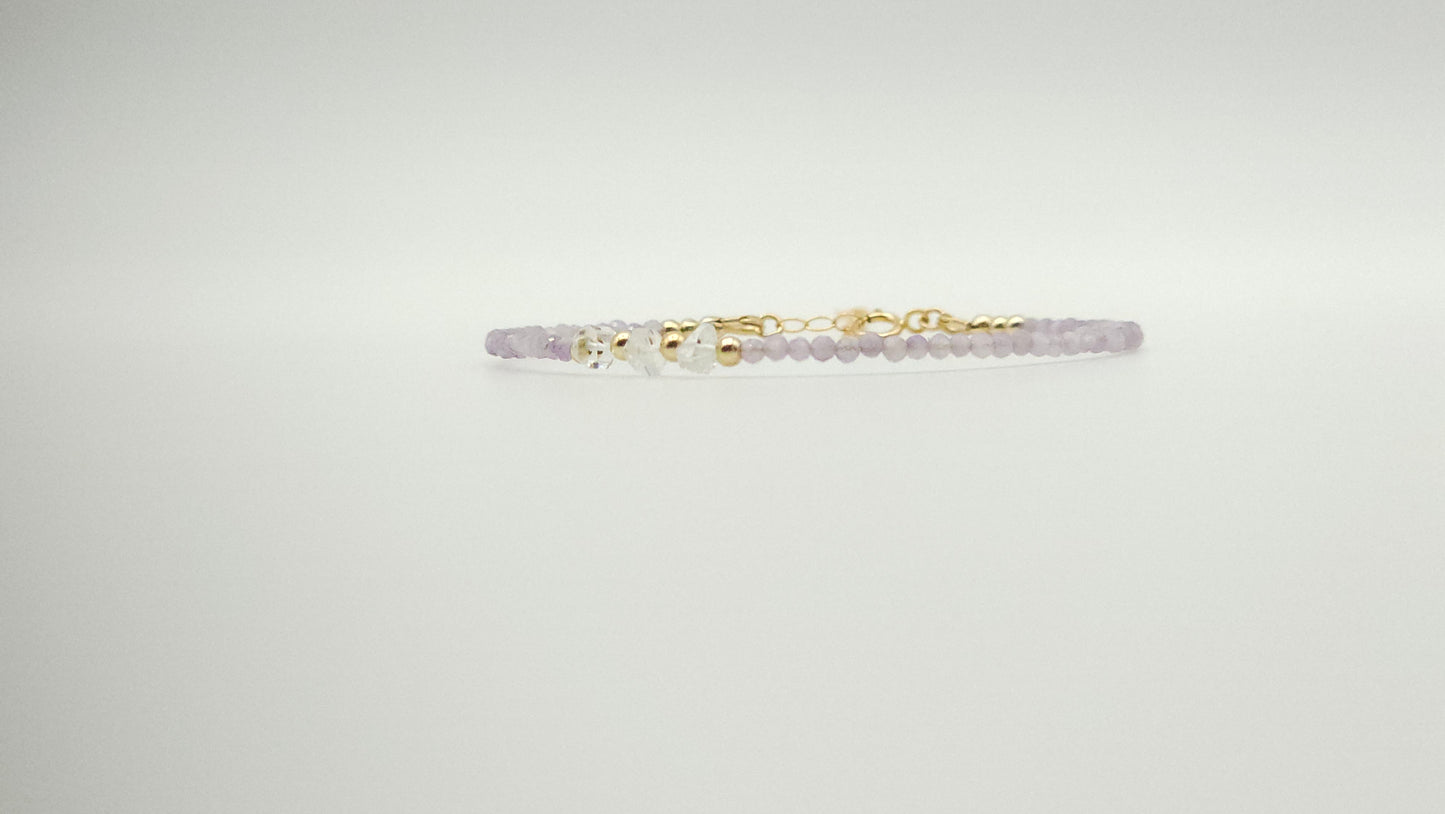 Pink Amethyst and Herkimer Diamond gold bead adjustable bracelt