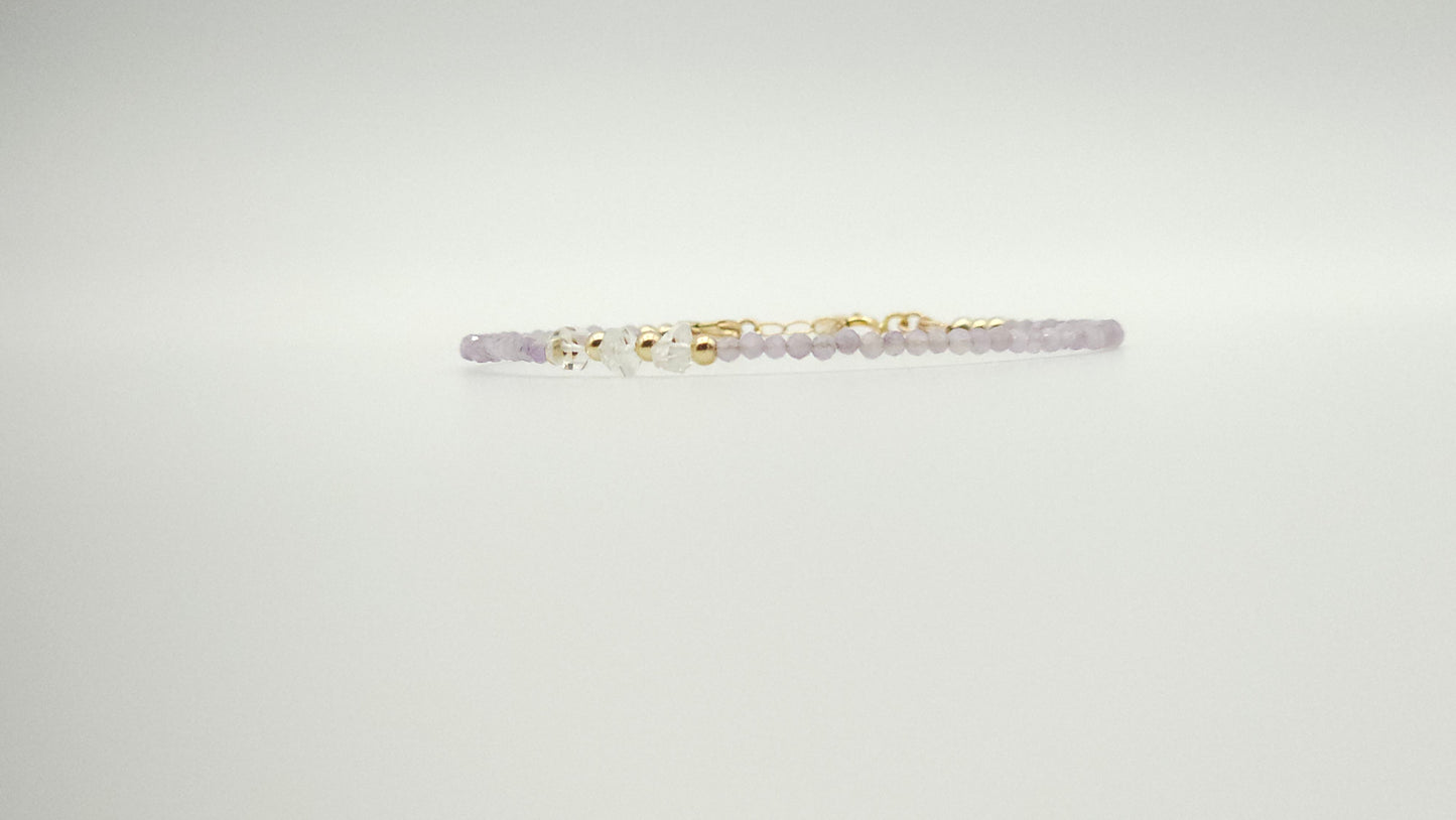 Pink Amethyst and Herkimer Diamond gold bead adjustable bracelt