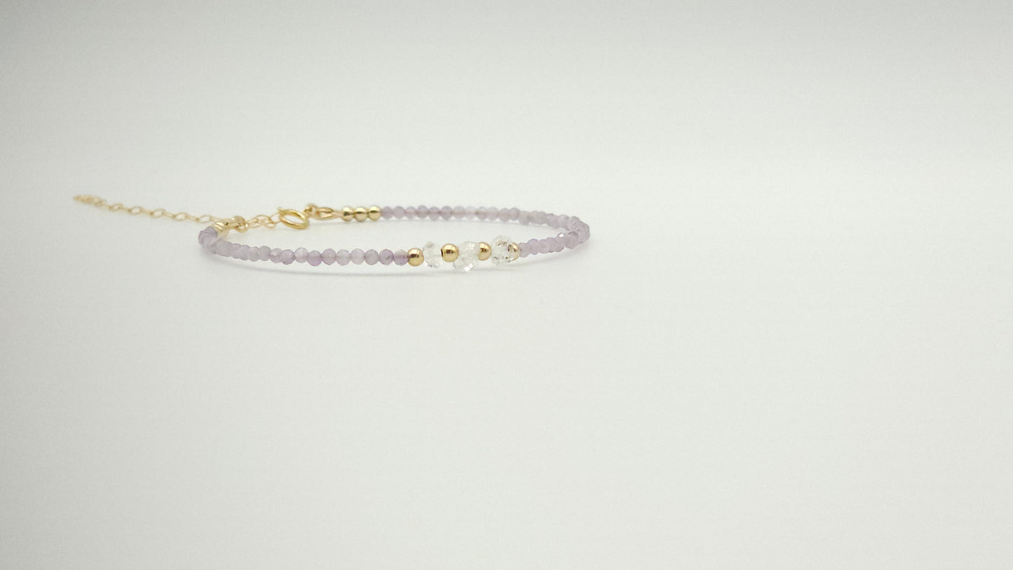 Pink Amethyst and Herkimer Diamond gold bead adjustable bracelt