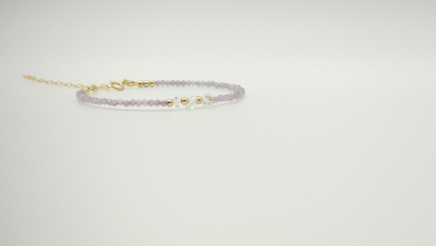 Pink Amethyst and Herkimer Diamond gold bead adjustable bracelt