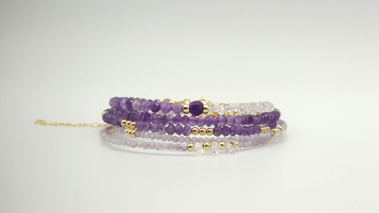 Pink Amethyst and Herkimer Diamond Trio Bracelet – Gold Fill Accents
