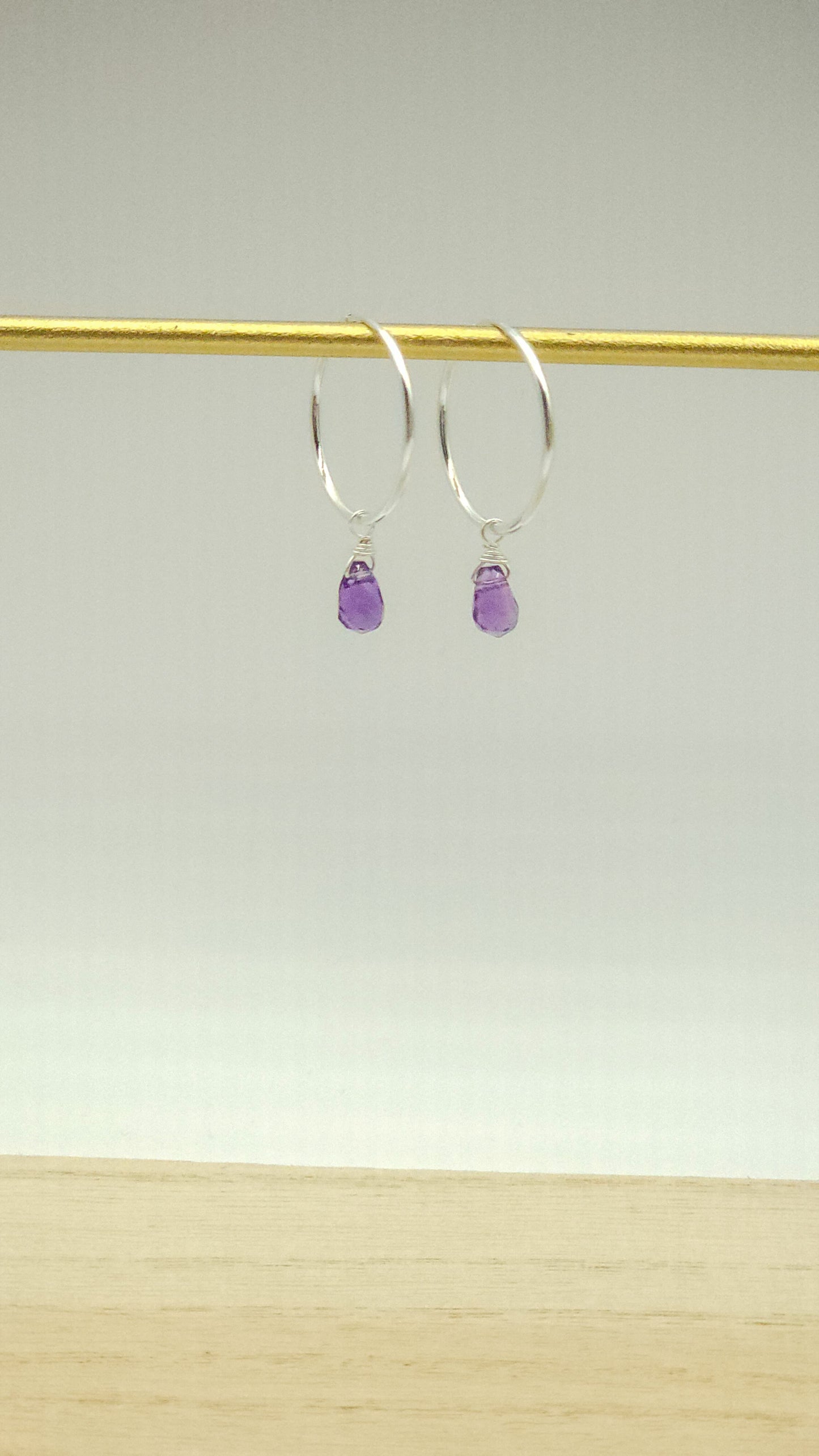 African Amethyst gemstone | charm artisan wrapped |Sterling Silver hoop| Minimalist|
