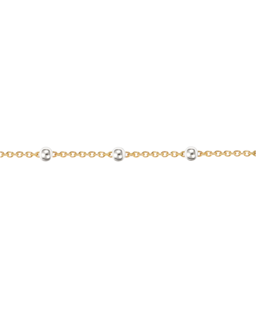 Mixed metal permanent jewelry chain featuring polished sterling silver satellite stations evenly spaced along a strong 14k gold-filled cable chain. Perfect for permanent bracelets, anklets, and necklaces in our federal hill permanent jewelry studio