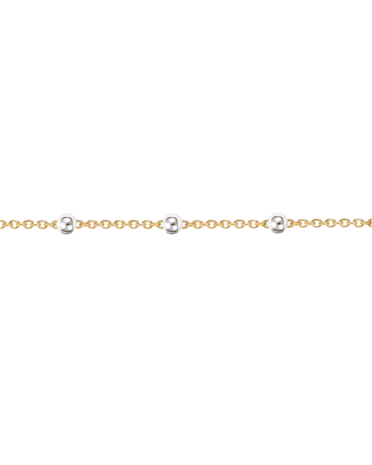 Mixed metal permanent jewelry chain featuring polished sterling silver satellite stations evenly spaced along a strong 14k gold-filled cable chain. Perfect for permanent bracelets, anklets, and necklaces in our federal hill permanent jewelry studio