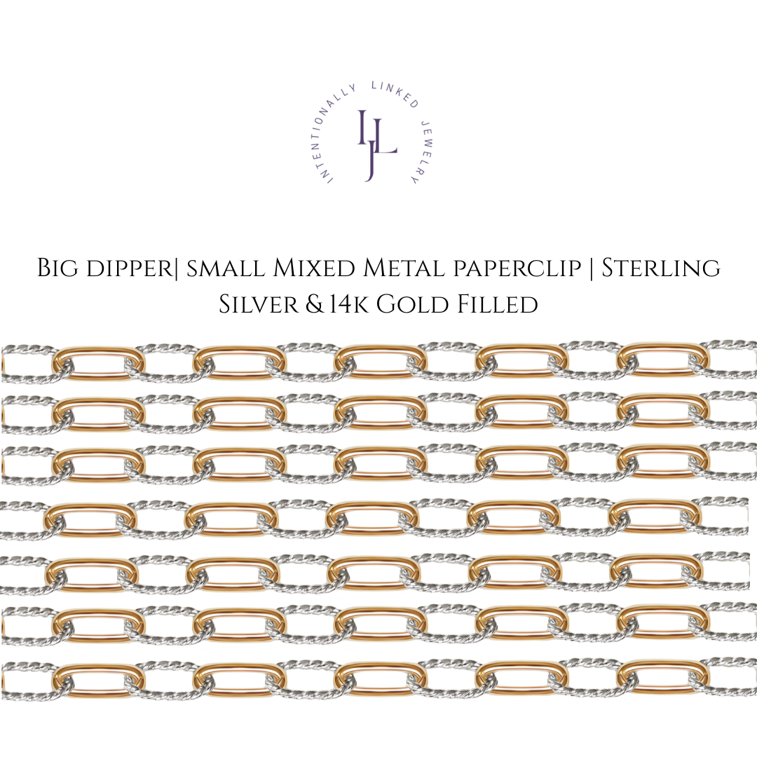 Big Dipper mixed metal chain with gold-filled paperclip links and rope-textured sterling silver — bold, radiant, and intentional. The image is a chain option offered by Intentionally Linked Jewelry, A mobile permanent Jewelry with a studio located in Sola Salon Suites in Baltimore, MD