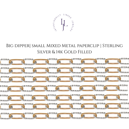 Big Dipper mixed metal chain with gold-filled paperclip links and rope-textured sterling silver — bold, radiant, and intentional. The image is a chain option offered by Intentionally Linked Jewelry, A mobile permanent Jewelry with a studio located in Sola Salon Suites in Baltimore, MD