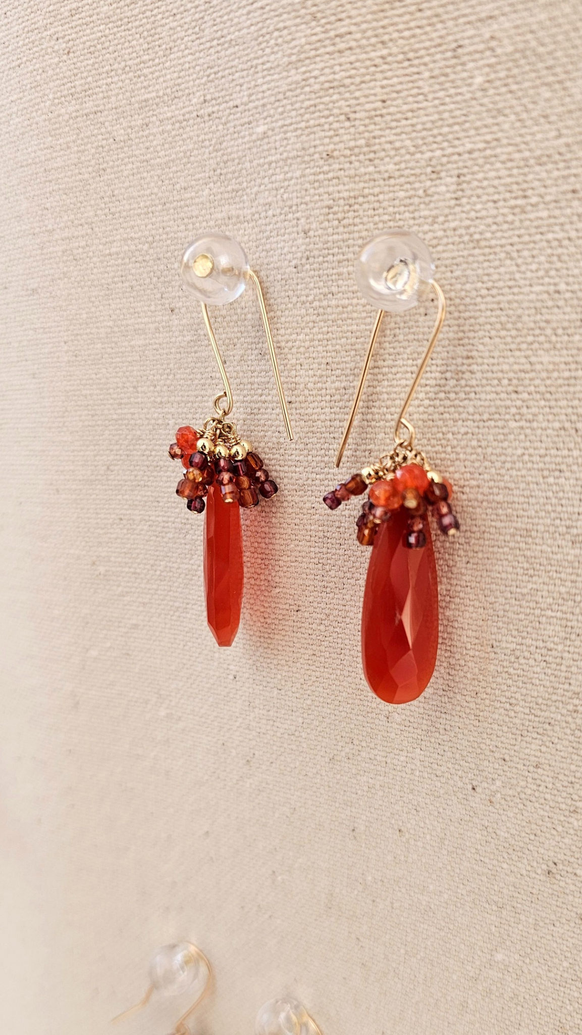 Phoenix Rising Earrings: faceted Carnelian and Garnet wrapped in 14k gold fill. A radiant gemstone pairing for courage, joy, and the woman rising into her next chapter.