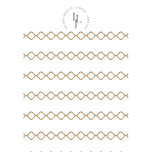 Flat clover link chain in 14k gold fill named Fortuna, perfect for permanent jewelry.
