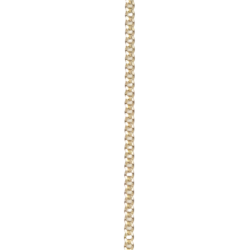 A polished 14k gold filled curb chain in the classic small Cuban style, with compact, uniform links that reflect light and hug the wrist with warmth and strength.  