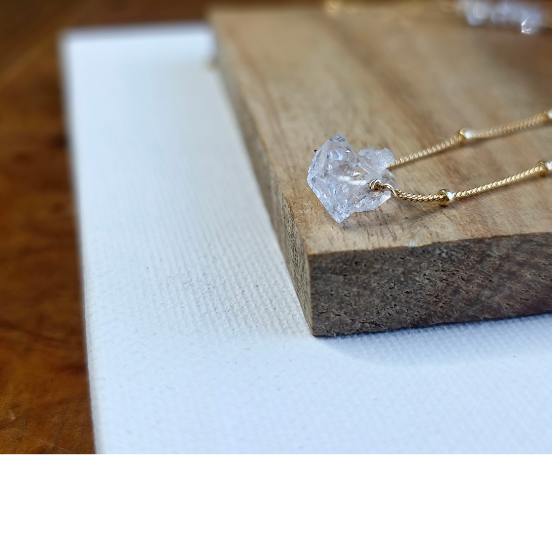 Large herkimer diamond minimalist 14k gold fill curb bead chain.