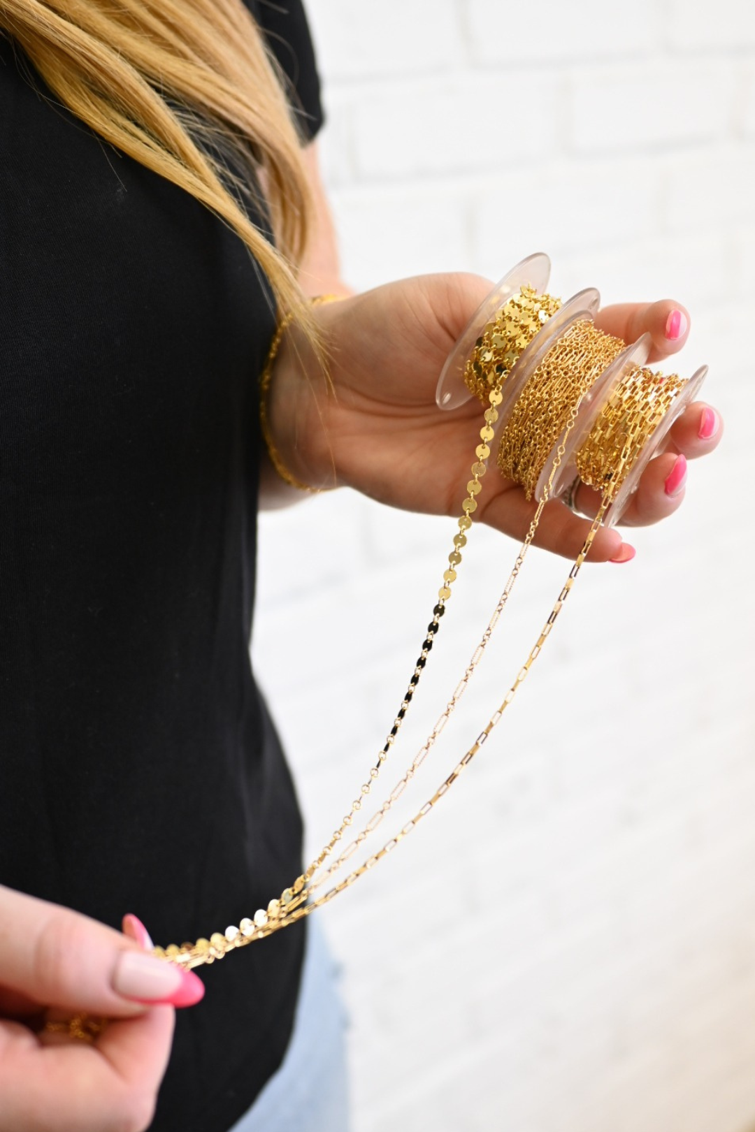 Collage of permanent jewelry being applied and worn, featuring bracelets and anklets in gold and silver from Intentionally Linked Jewelry. Promotes upcoming waitlist launch in Canton, Baltimore for meaningful, permanent jewelry made to last.