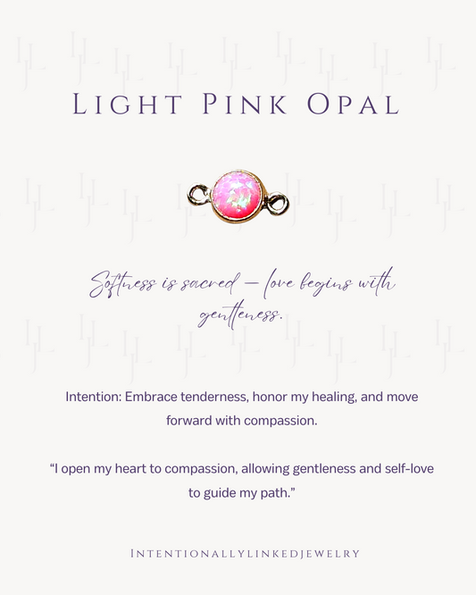 Light Pink Opal connector in 14k gold filled, symbolizing compassion and self-love, welded for permanent jewelry in Maryland.