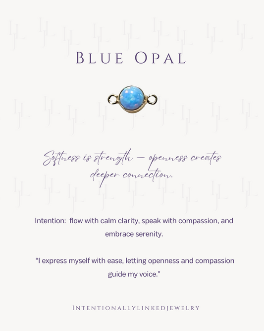 Light Blue Opal connector for permanent jewelry in Maryland. Gold filled or sterling, welded to custom fitted chains for calm, clarity & serenity.