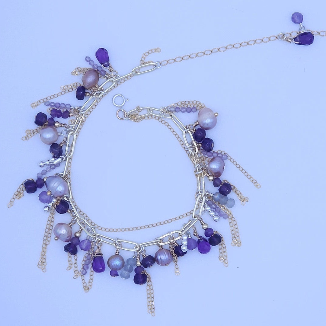 14K Gold fill Paperclip bracelet, Mixed Metals, sterling silver metal beads, Pink Amethysts, African Amethyst, and Amethyst Briolette,  Labradorite,   Multi-colored amethysts, Natural Freshwater pearls