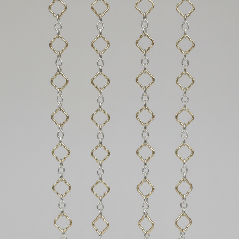 close up of the mixed metal permanent Jewelry Clover chain available at intentionally linked Permanent Jewelry 