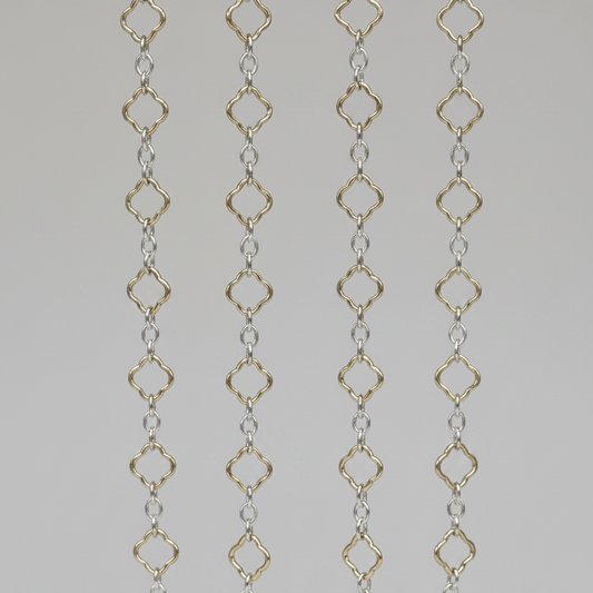 close up of the mixed metal permanent Jewelry Clover chain available at intentionally linked Permanent Jewelry 