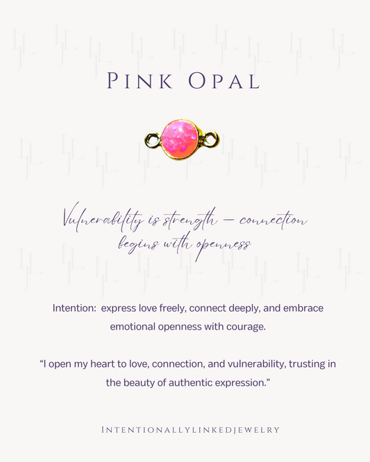 Pink Opal connector in 14k gold filled, symbolizing love and healing, welded for intentional permanent jewelry in  Baltimore Maryland.