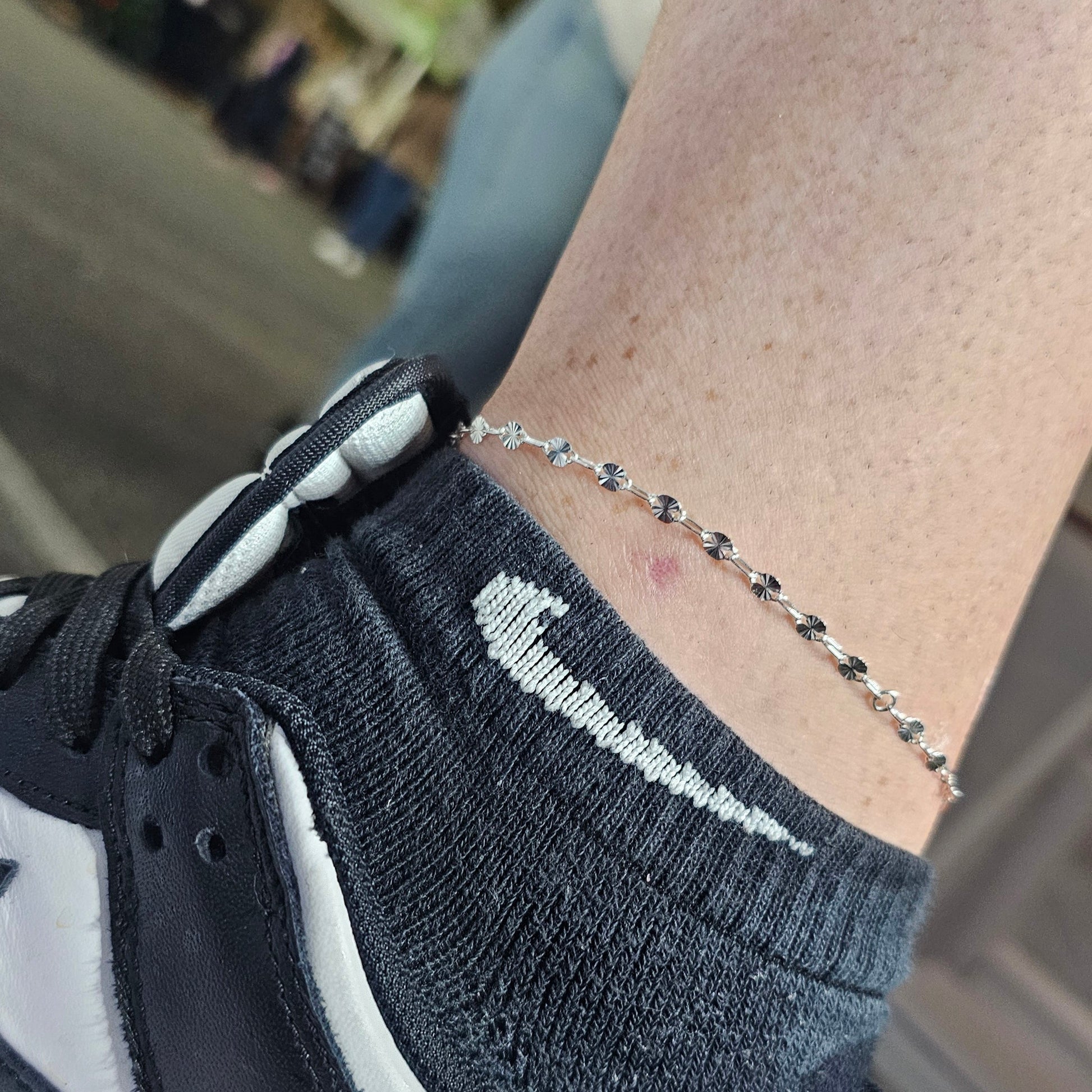Sterling Silver permanent Jewelry sunburst chain Anklet by intentionally linked jewelry in baltimore Maryland 