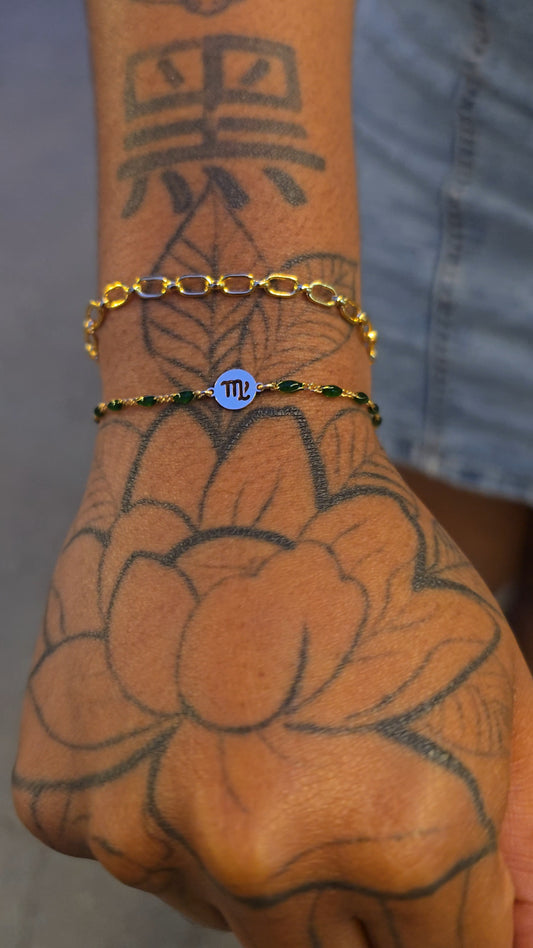 14k gold-filled Green Figaro chain featuring vibrant green enamel accents and classic Figaro links, designed for permanent bracelets, anklets, and necklaces at Intentionally Linked Jewelry in Baltimore, Maryland.