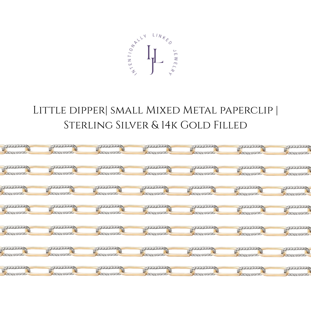 Little Dipper chain: slender mixed metal paperclip design with gold-filled links and silver rope like links, for an in person permanent jewelry experience with intentionally Linked jewelry
