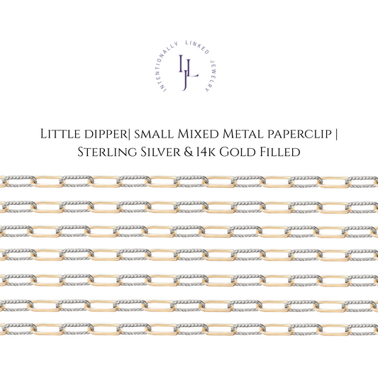 Little Dipper chain: slender mixed metal paperclip design with gold-filled links and silver rope like links, for an in person permanent jewelry experience with intentionally Linked jewelry