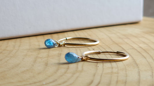 Moss Aquamarine| Gemstone briolette drop charm| 14K Gold Fill| Huggie Hoop|