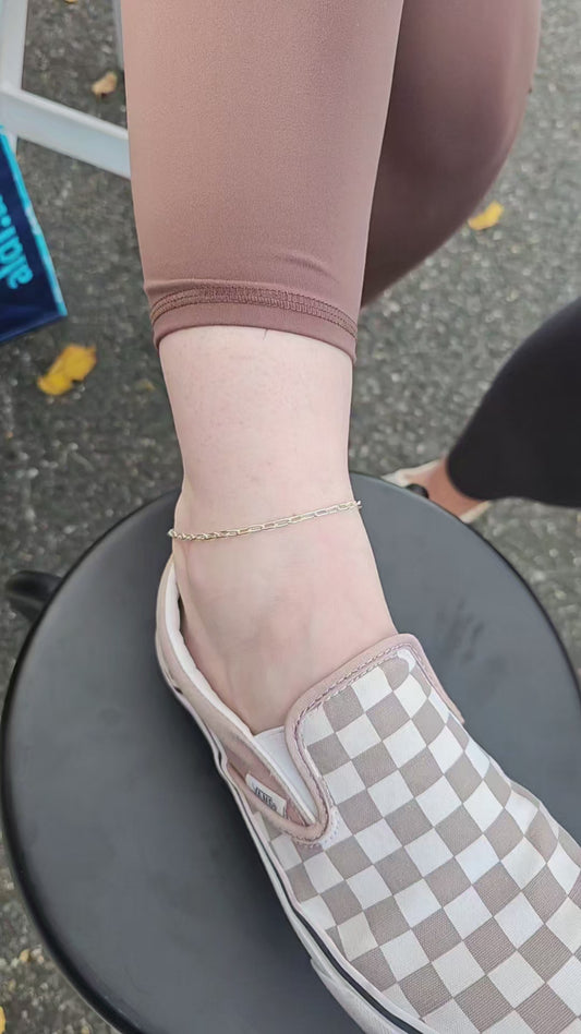 the big dipper mixed metal paperclip chain fitted on an ankle for a beautiful anklet by Intentionally Linked Permanent Jewelry in Baltimore Maryland 