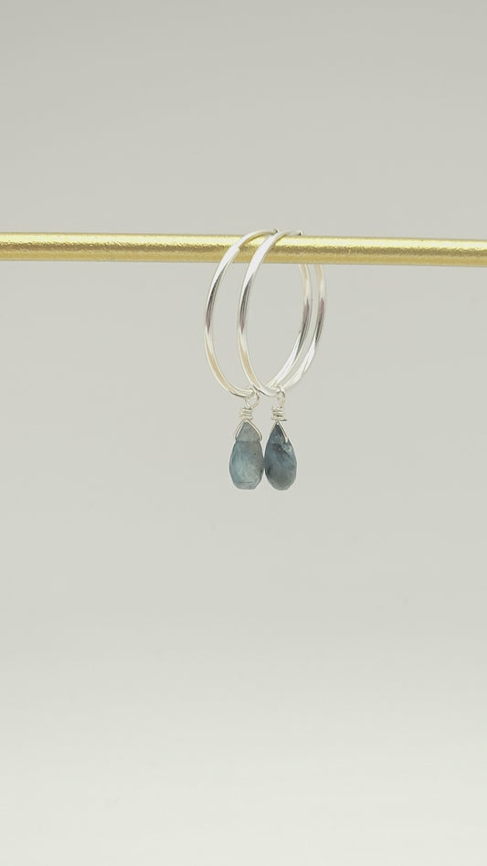 Moss Aquamarine drop bead Sterling Silver huggie endless hoop
