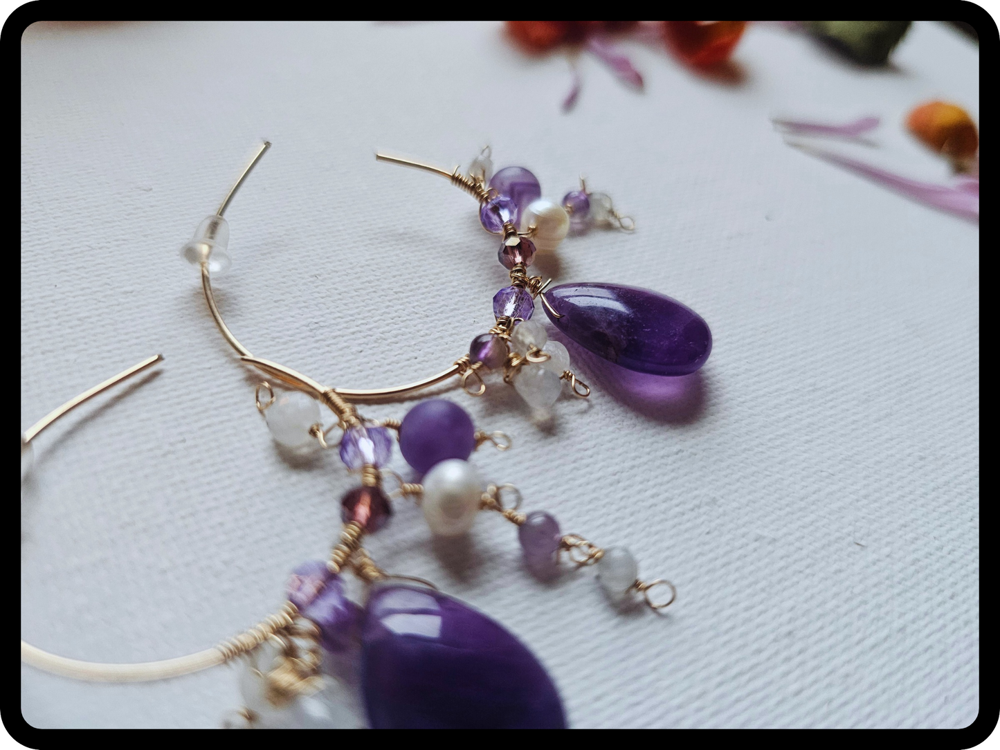 Amethyst pearl moonstone 14k gold fill hoops