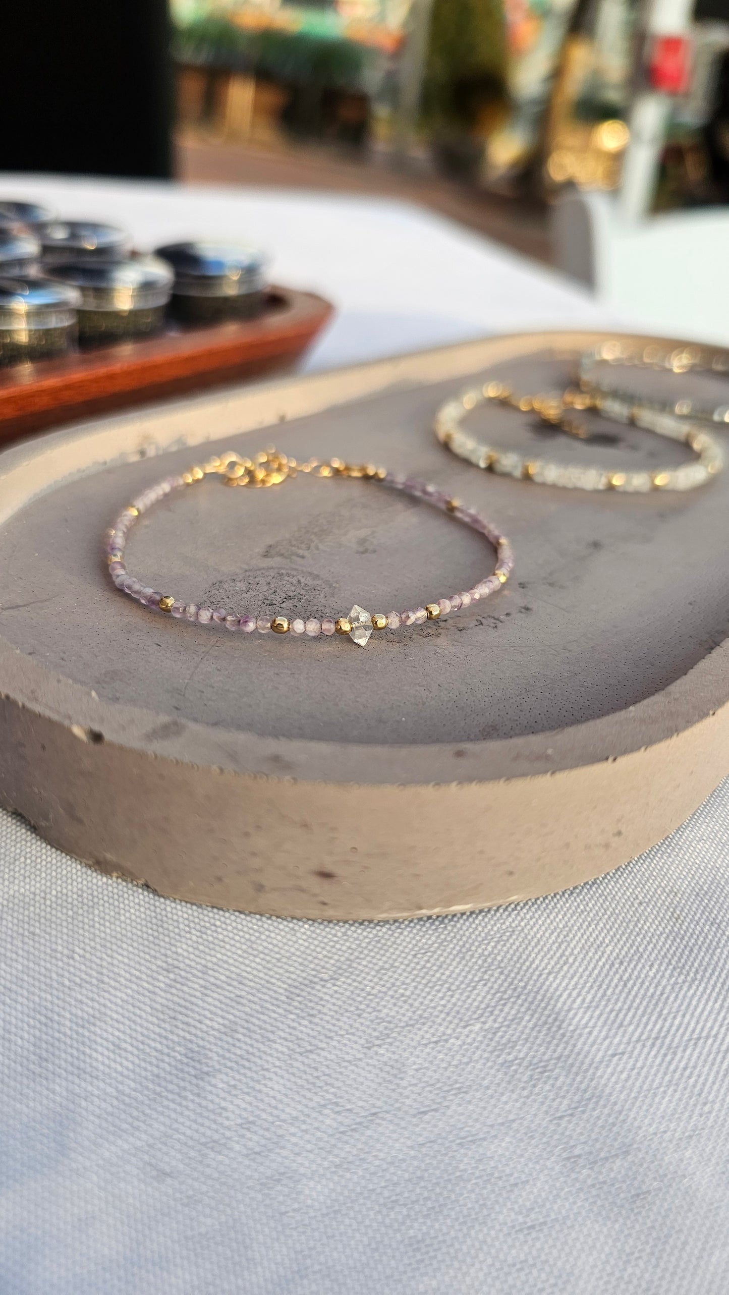 Pink Amethyst and single Herkimer Diamond gold bead adjustable bracelet