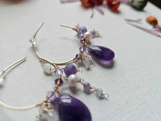 Amethyst pearl moonstone 14k gold fill hoops