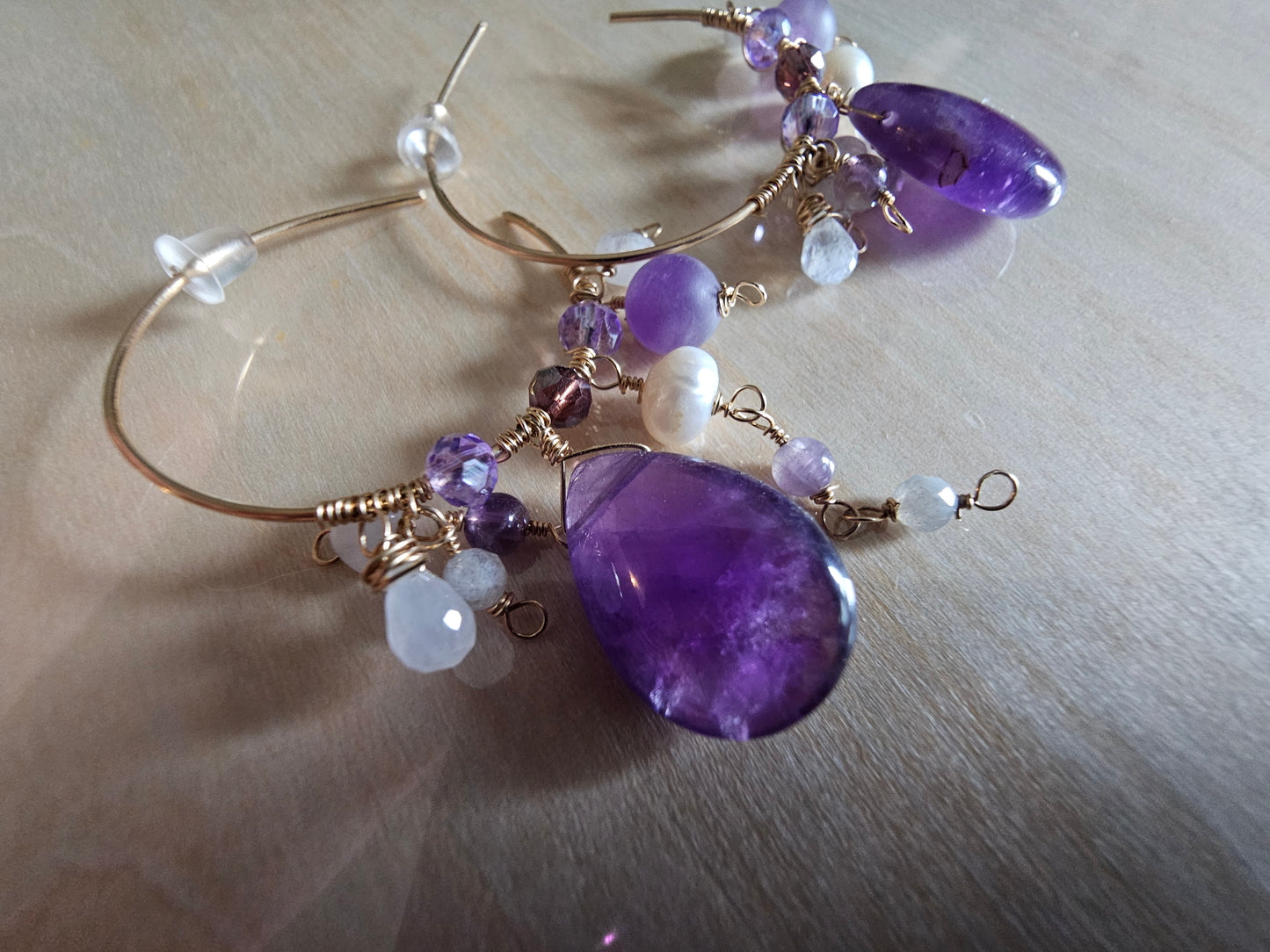 Amethyst pearl moonstone 14k gold fill hoops