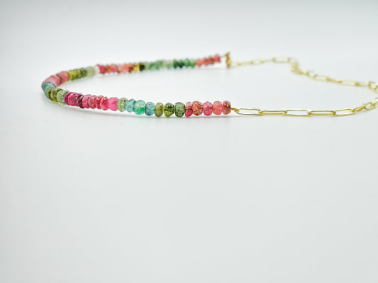 14k gold fill medium large paperclip multi color tourmaline necklace with 14k gold fill Lobster clasp