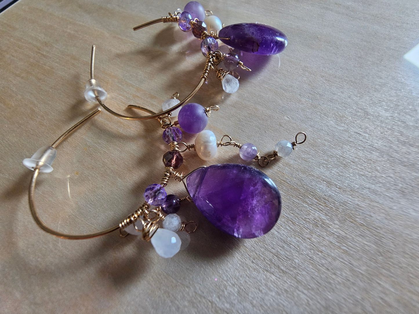 Amethyst pearl moonstone 14k gold fill hoops