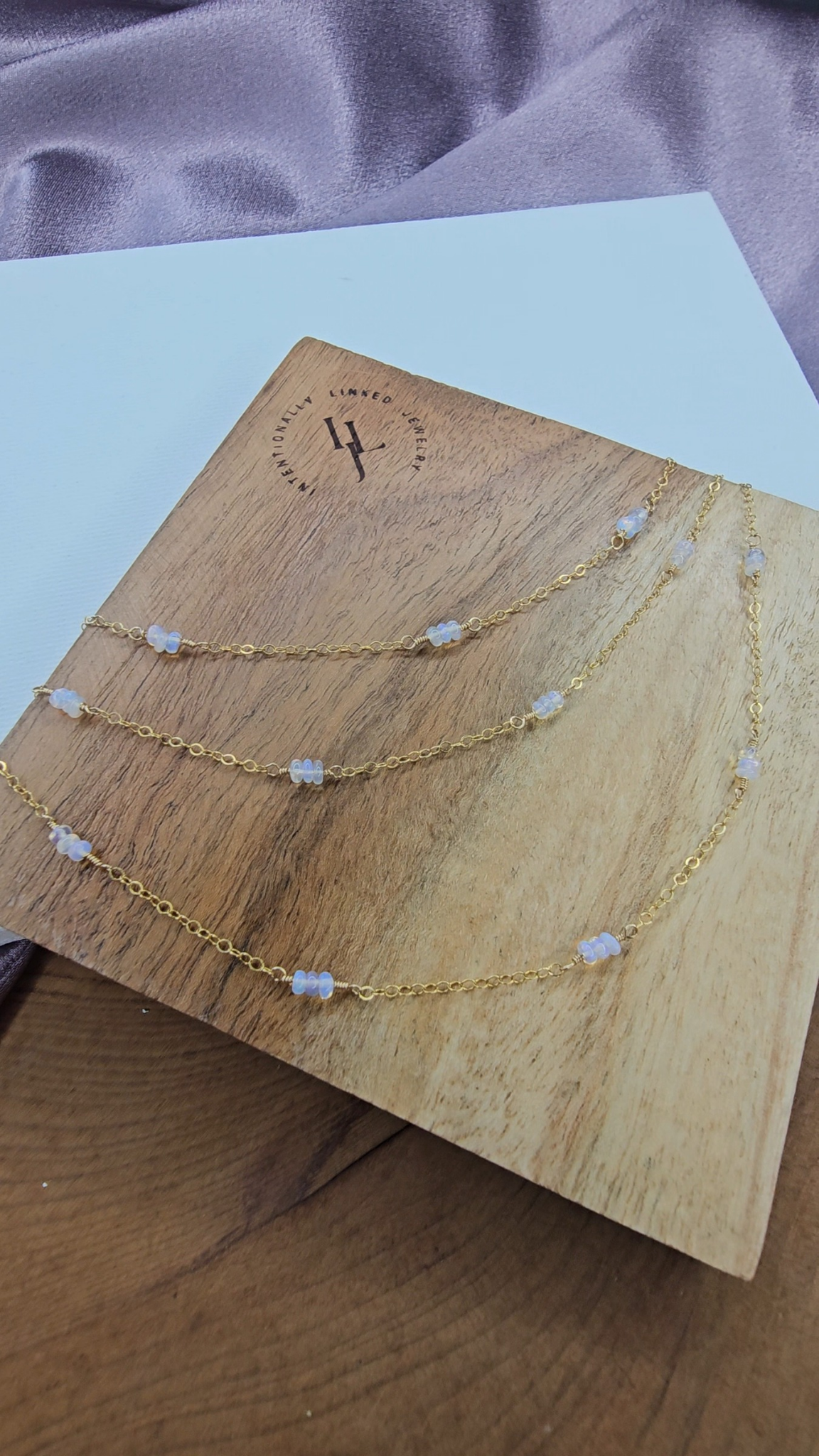 White Fire Opal extra long opal 14k Gold Fill Chain wrap.