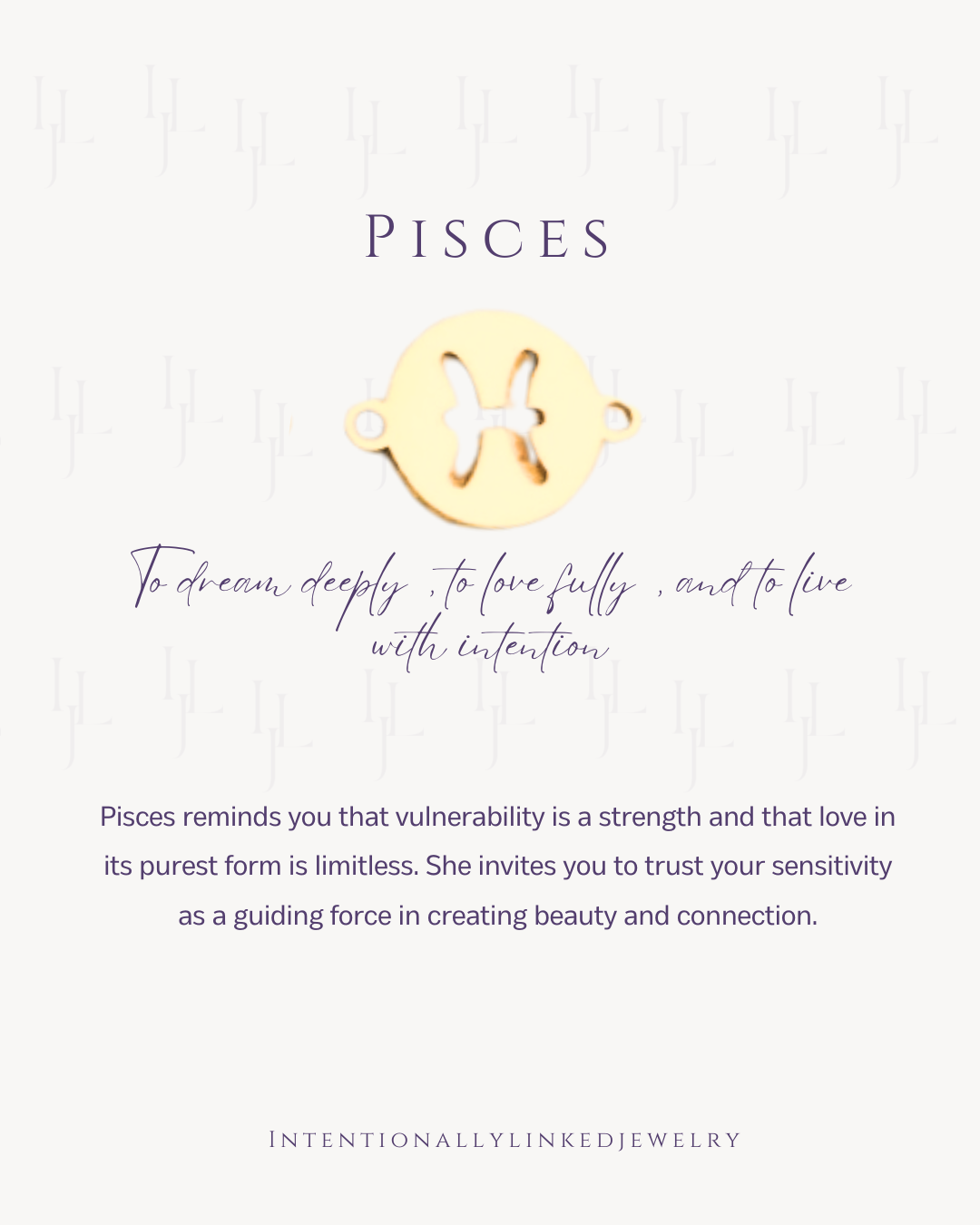 Gold Pisces zodiac connector for spiritual and intentional permanent jewelry by Intentionally Linked Jewelry. Custom zodiac jewelry. 