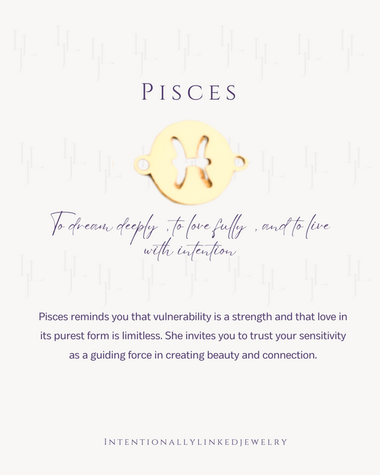 Gold Pisces zodiac connector for spiritual and intentional permanent jewelry by Intentionally Linked Jewelry. Custom zodiac jewelry. 